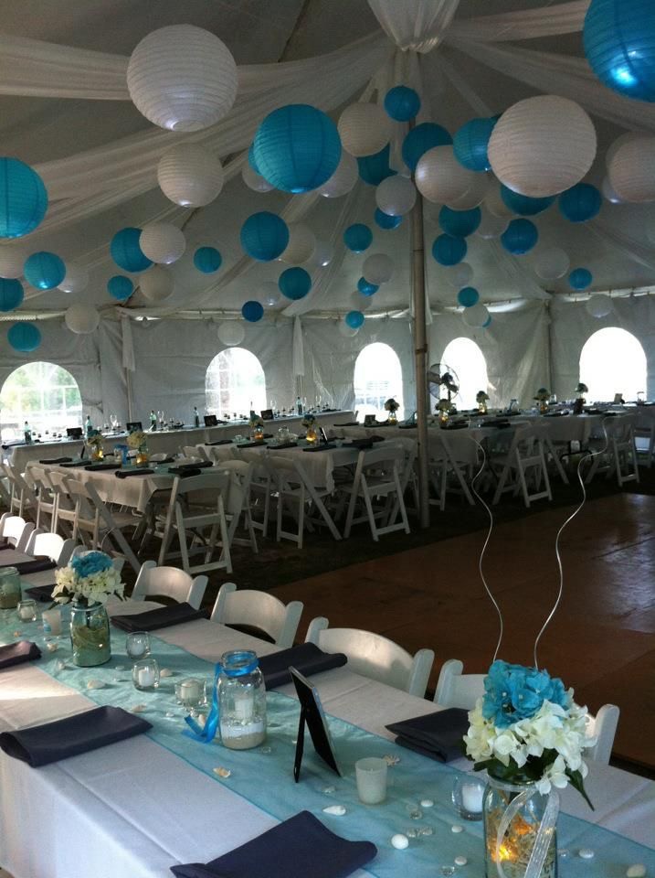 Decoración con globos azules y blancos